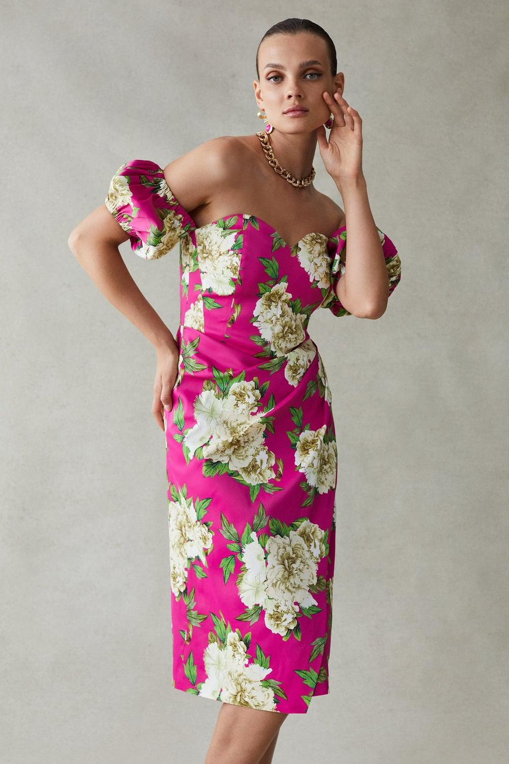 3.KAREN MILLEN Italian Signature Stretch Rose Print Bardot Midi Dress €285, 