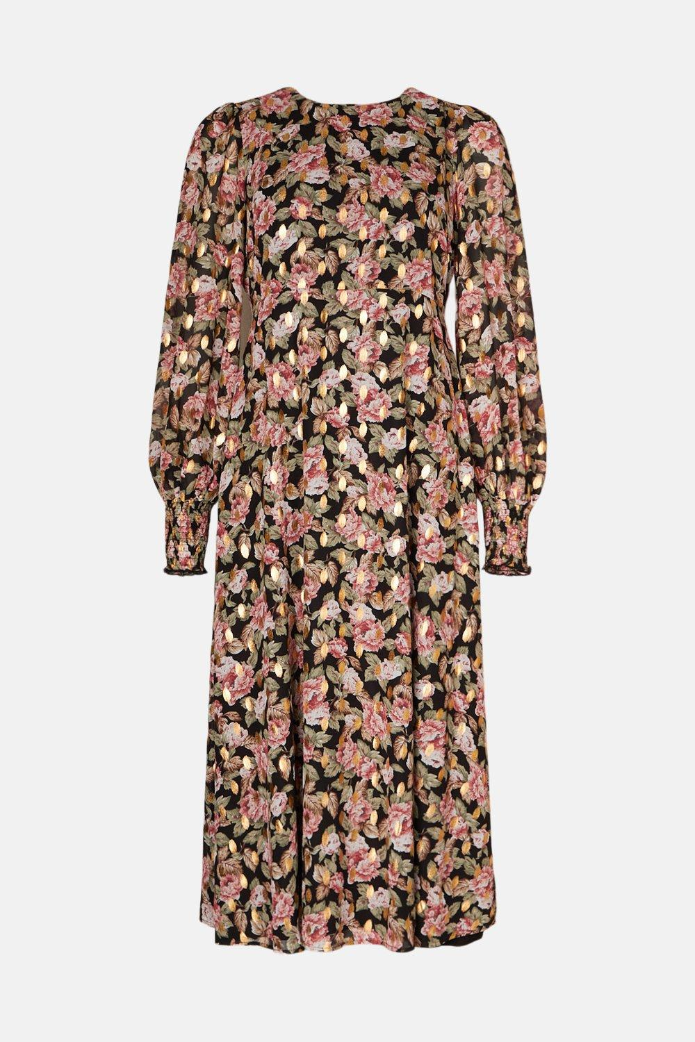 4.OASIS Foil Rose Printed Shirred Cuff Midi Dress €93, 
