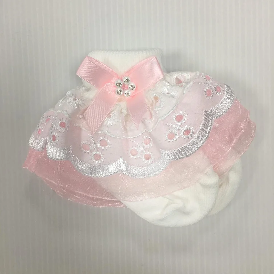 Kiddirama-Pixie -Pink &amp; White frilly ankle socks 