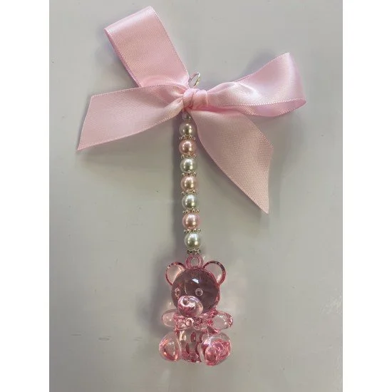Pink pearl beaded Crystal Bear Pram Charm With satin bow
