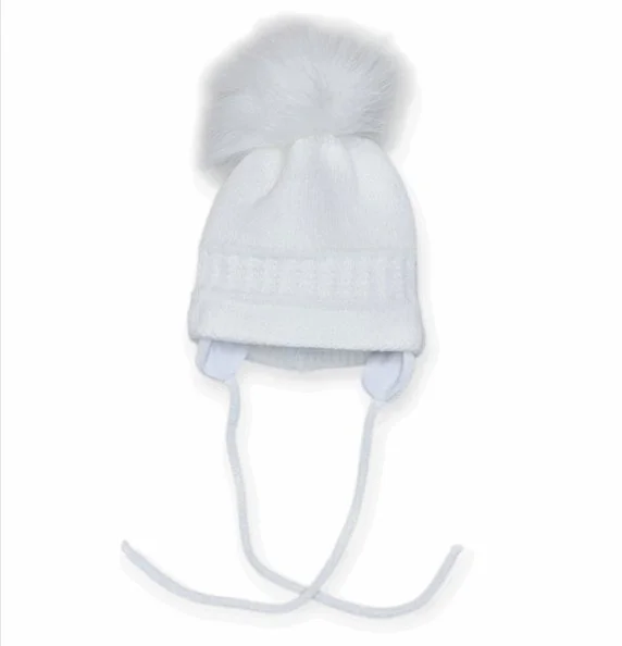 Kleo Kids- White fur pom pom hat with ties