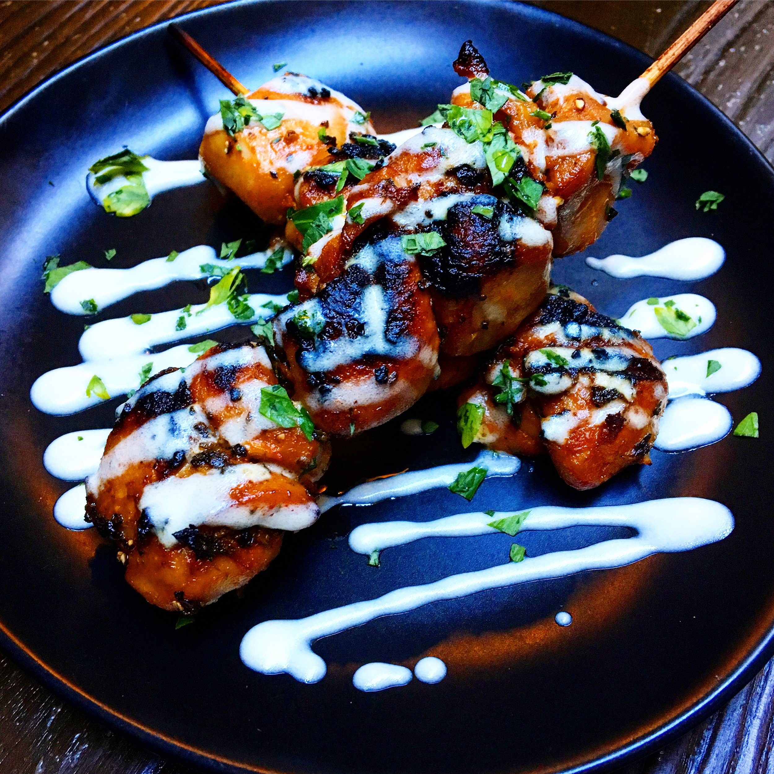  Smoked pimenton chicken skewers, EVOO infused yoghurt   