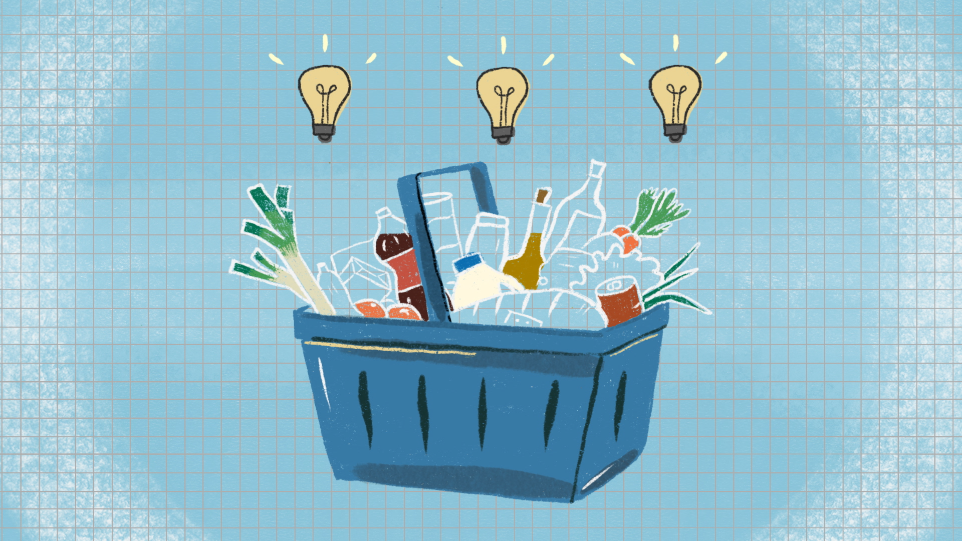 Cart overflowing with groceries, including vegetables, bottled drinks, and jars, with three lightbulb drawings above.