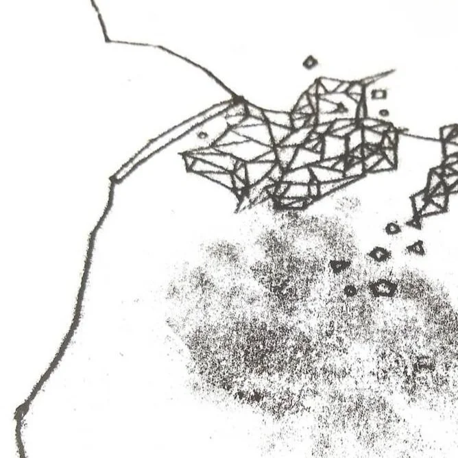 A sketch showing a mix of geometric shapes and scattered dots, with some lines connecting shapes, resembling an abstract map or diagram.