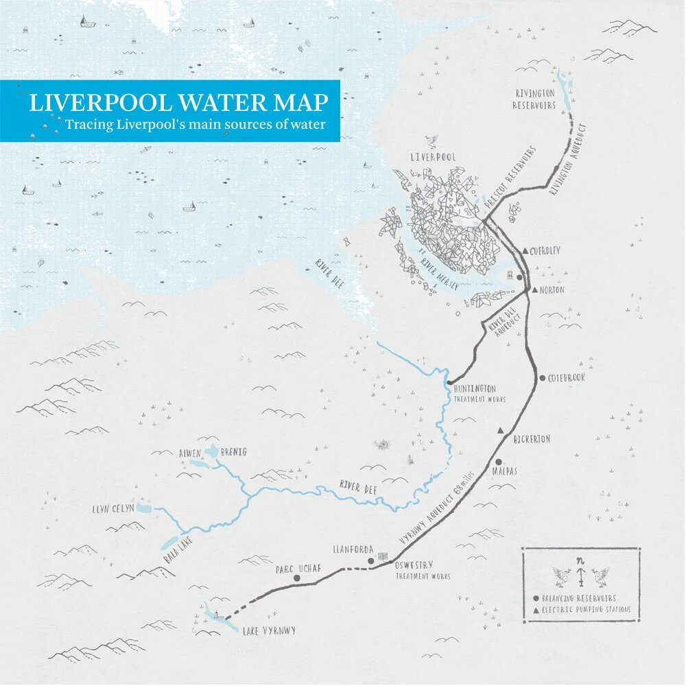Map of Liverpool's water sources, showing main rivers and reservoirs, including River Dee, Blue Dee, Lake Vyrnwy, and others, with treatment works and pumping stations marked.