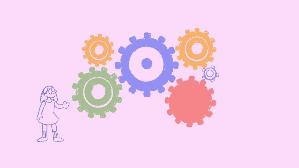 A cartoon girl standing next to colorful gears of different sizes on a light purple background.