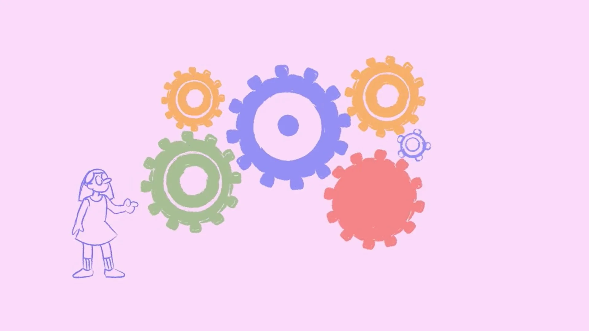 A simple, colorful illustration of a girl smiling and holding a ball, looking up at a cluster of pastel-colored gears and cogs against a pink background.
