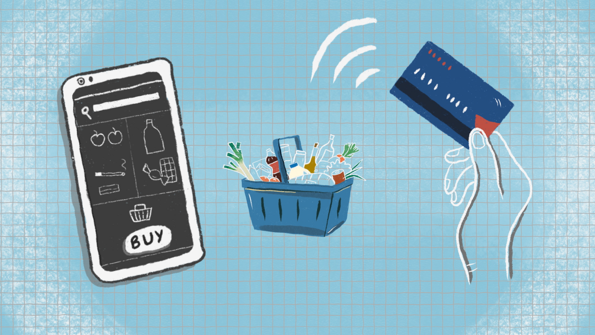 Illustration of online shopping for groceries using a smartphone app, a shopping basket filled with various groceries, and a hand holding a credit card.