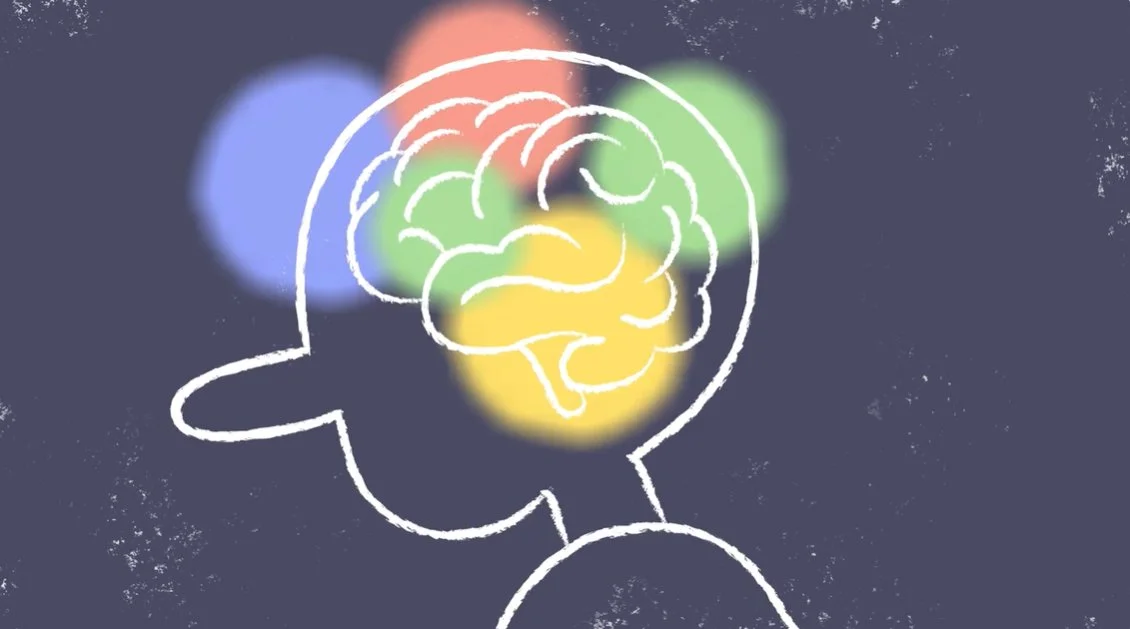 Line drawing of a human head with a brain illustrated inside, over a blurred background of colorful lights.