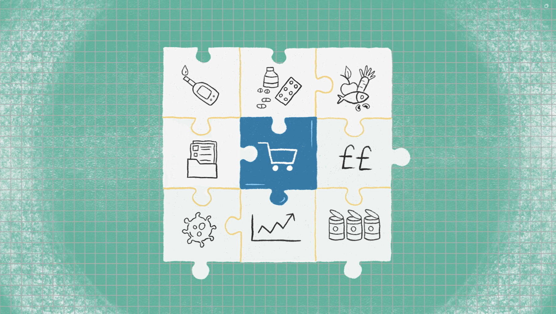 A jigsaw puzzle with eight pieces on a green grid background. The center piece is blue with a shopping cart icon. Other pieces depict a thermometer, medicine pills, a fish with vegetables, a document folder, a viral virus, a graph showing growth, and
