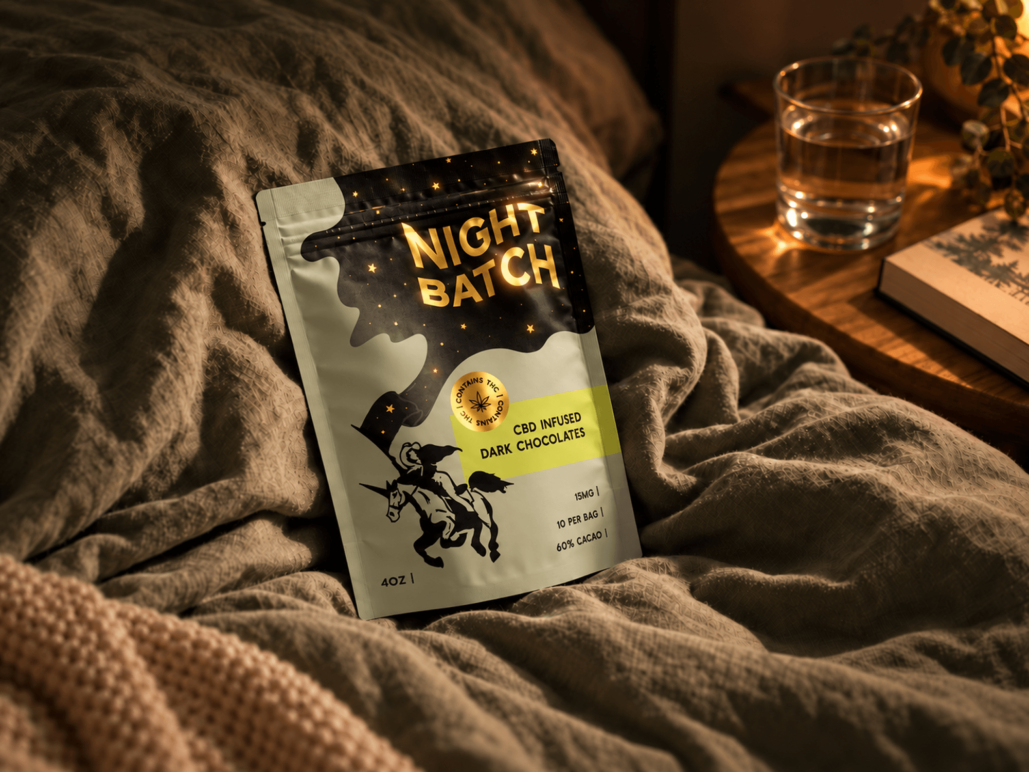 Nightbatch CBD-infused dark chocolate pouch resting on textured bedding beside a book and glass of water, highlighting the metallic gold branding and nighttime-inspired illustrations.