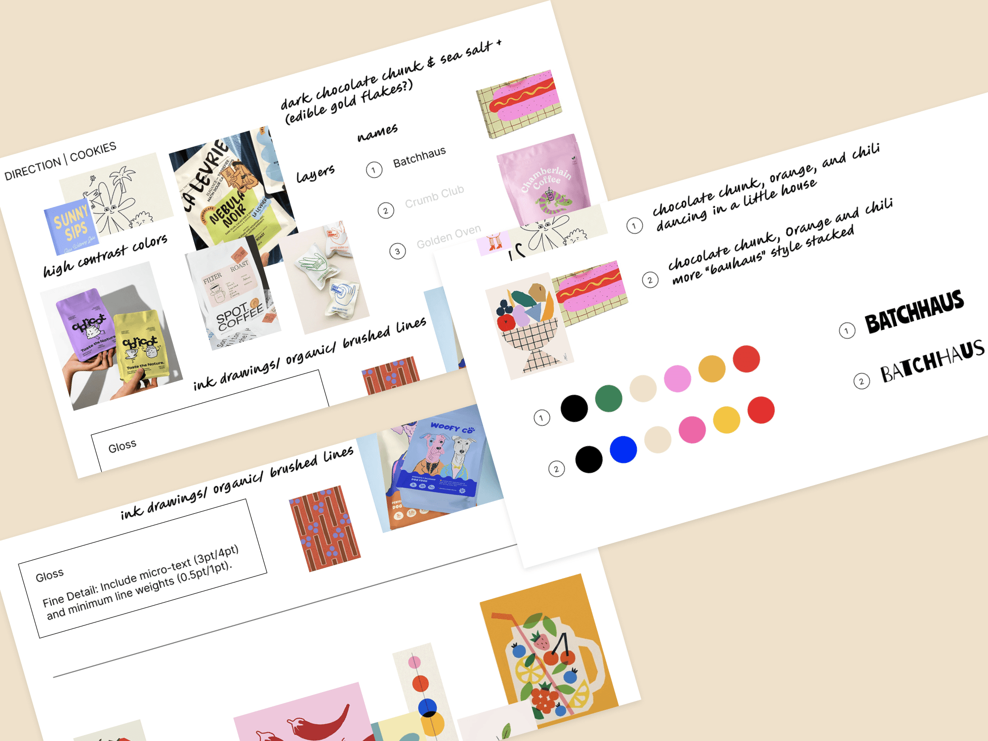 Batchhaus brand development board showing naming explorations, creative inspiration, typography studies, color palettes, illustration styles, and packaging design directions.