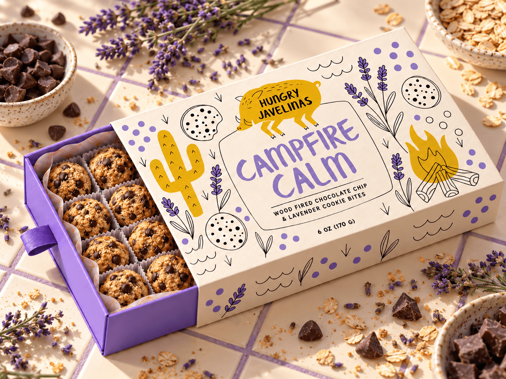 Hungry Javelinas Campfire Calm cookie bites packaging featuring lavender, cactus, and campfire illustrations, displayed with chocolate chips, oats, and lavender on a tiled countertop.