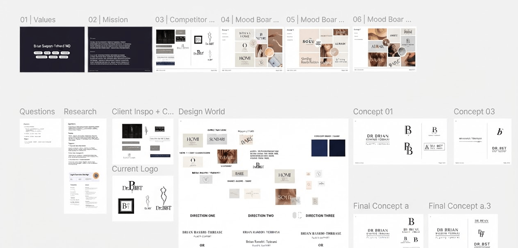 Dr. BBT brand development board showing competitive research, visual references, mood boards, logo explorations, and three identity directions.