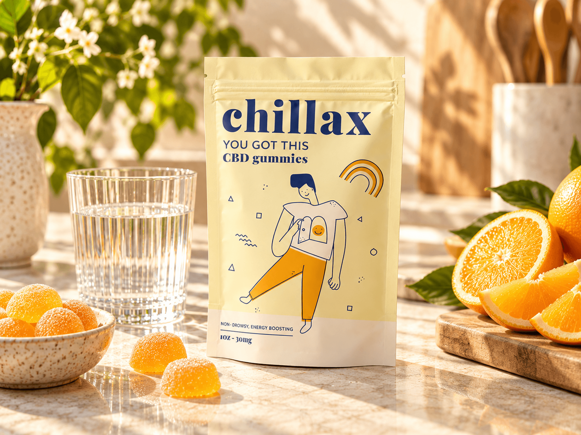 Chillax You Got This CBD gummy packaging displayed with orange gummies, fresh oranges, and a glass of water on a sunlit countertop.