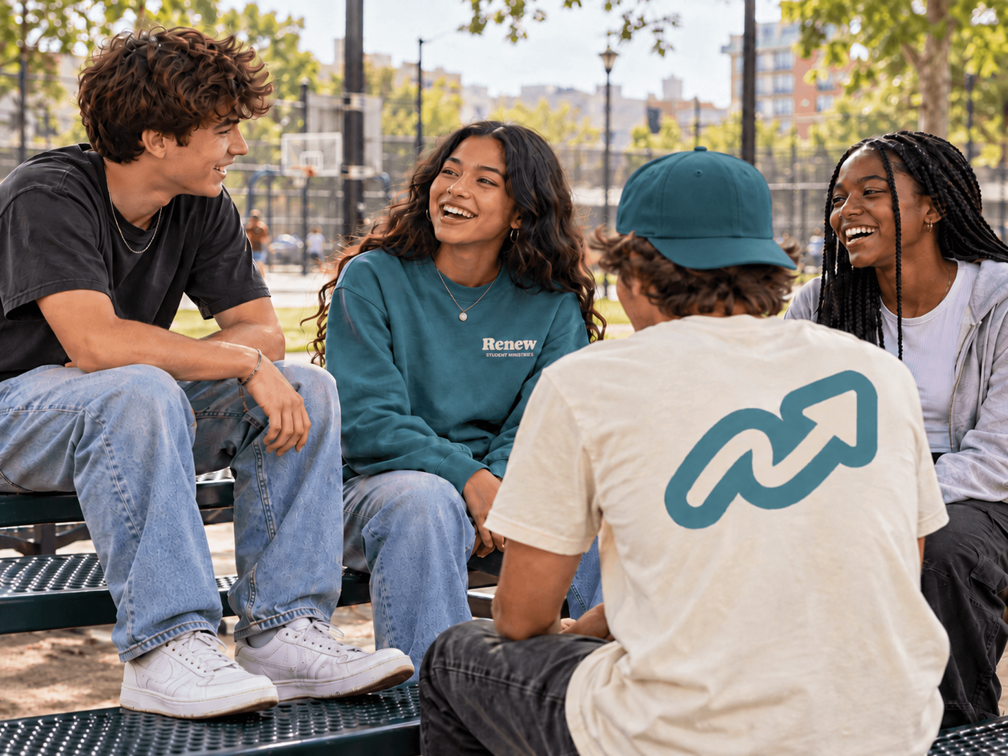Student apparel: Group of four teenagers sitting together outdoors, featuring Renew Student Ministries branding on a teal sweatshirt and an illustrated arrow on a cream T-shirt.