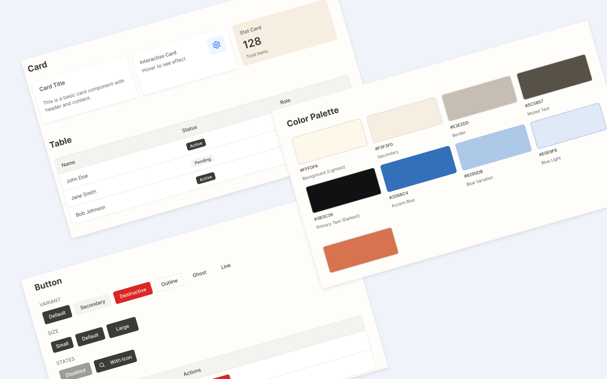 XCAD interface design system featuring reusable components, buttons, tables, status indicators, and brand color palette.