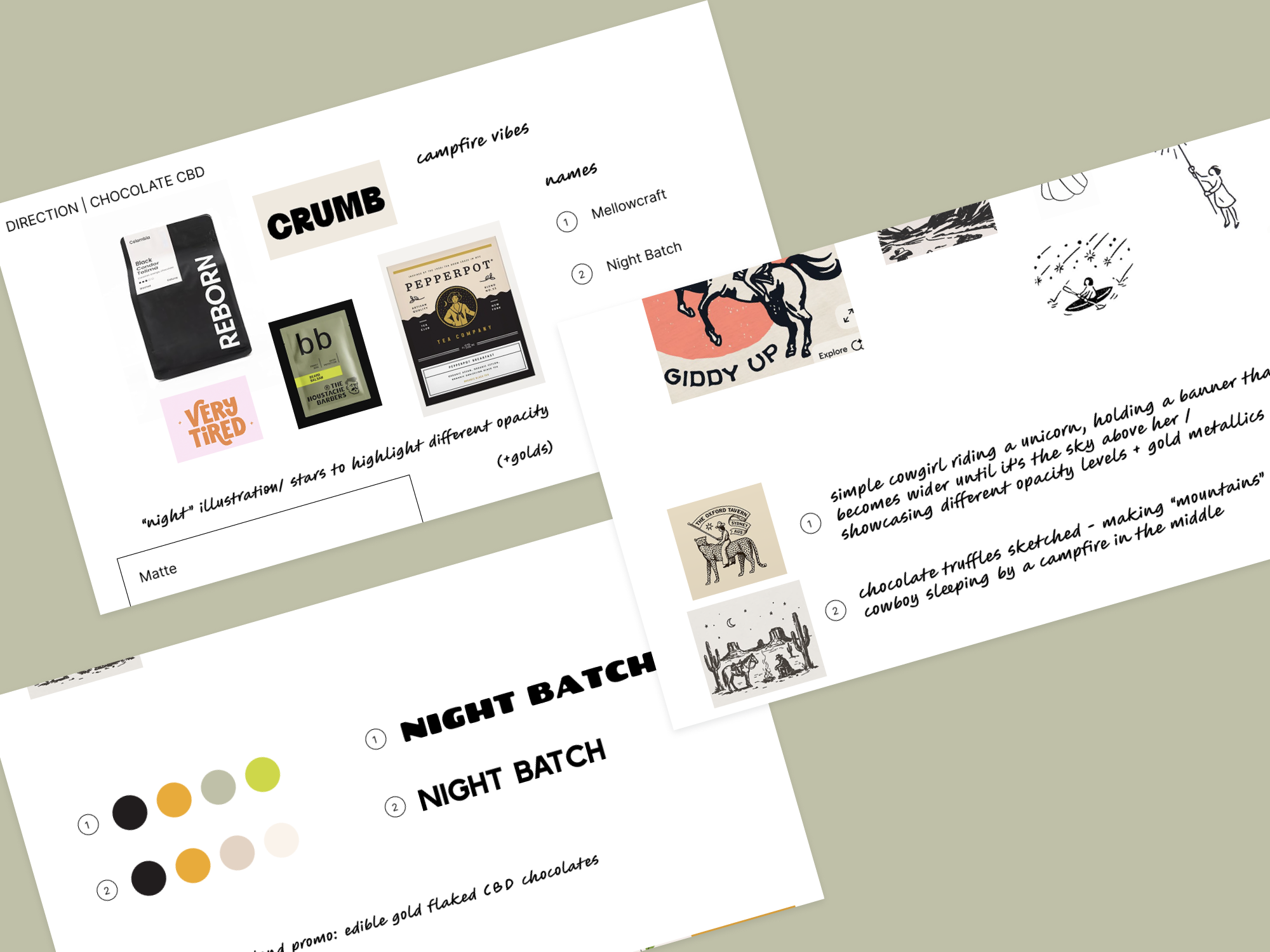 Nightbatch packaging design exploration featuring mood boards, naming concepts, typography, color palettes, illustration directions, and ideas for metallic ink and opacity treatments.