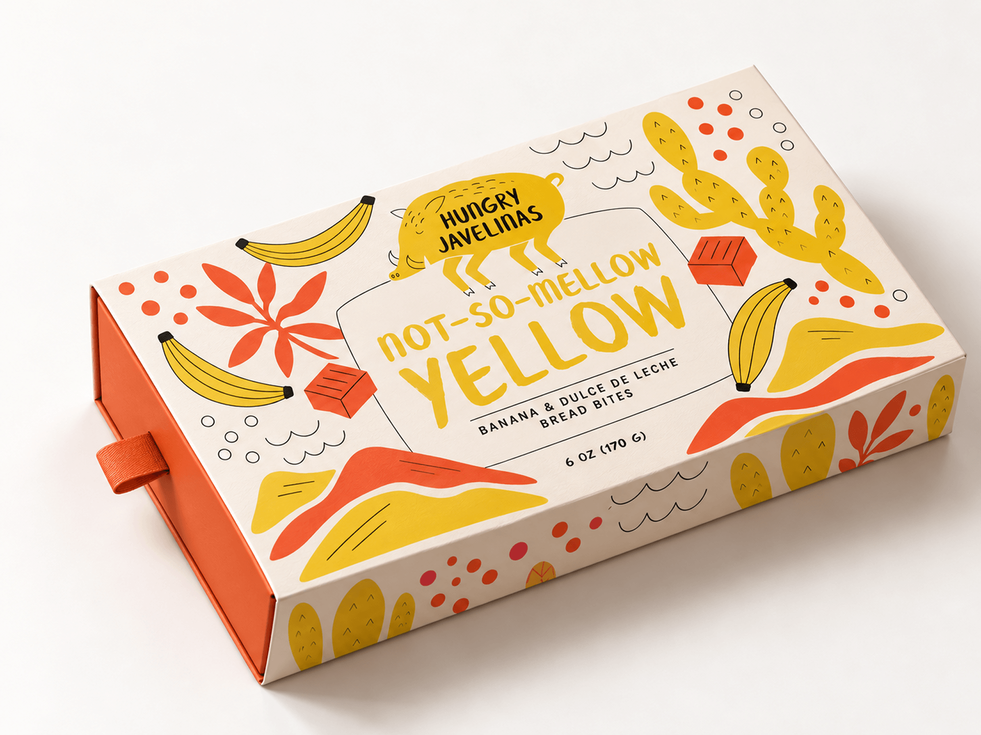 Hungry Javelinas Not-So-Mellow Yellow bread bites packaging featuring bright yellow typography, bananas, cacti, and orange desert-inspired illustrations.