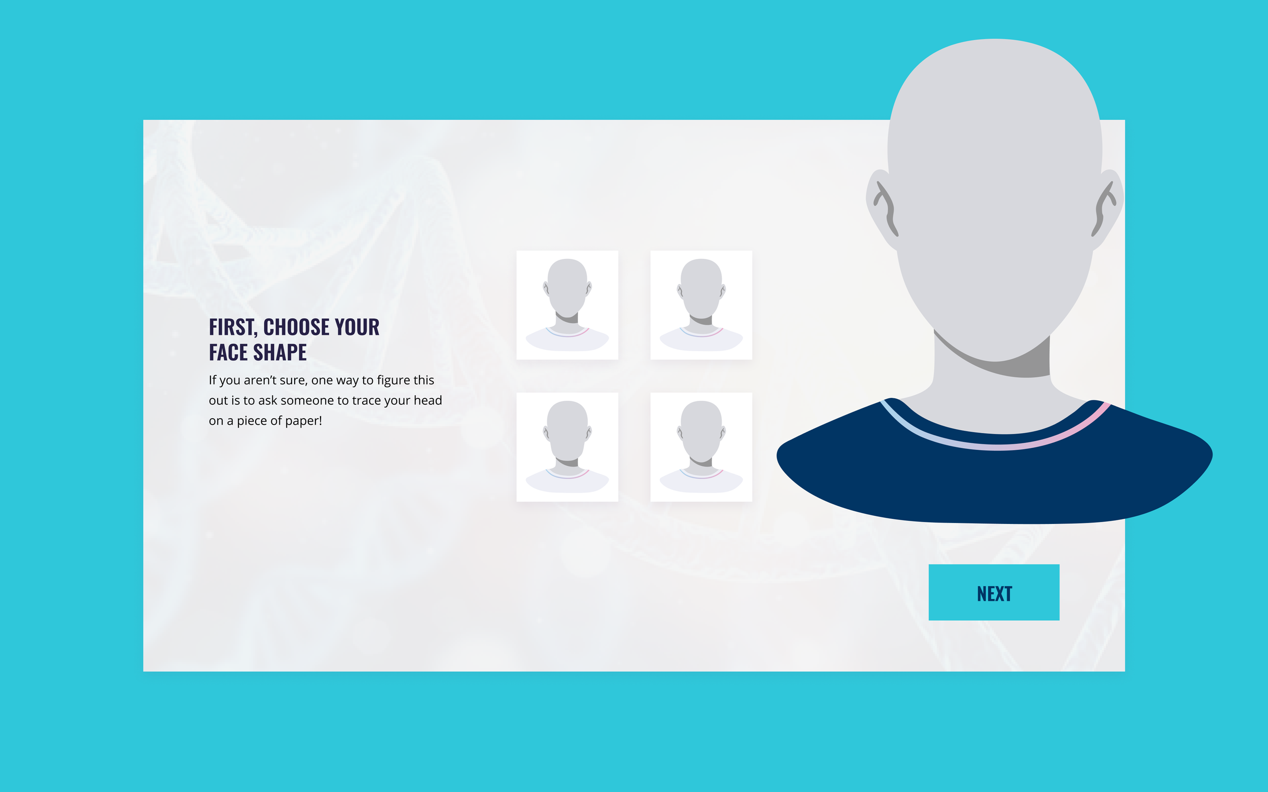 Bio-Buddy avatar creator interface featuring illustrated face shape options, a customizable character, and a simple selection-based UI.