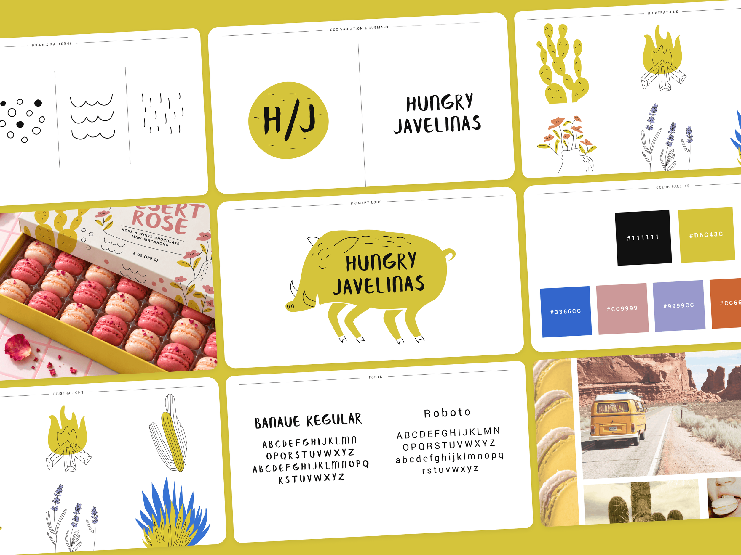 Hungry Javelinas brand identity board featuring the illustrated javelina logo, playful typography, color palette, desert-inspired illustrations, packaging, and visual inspiration.