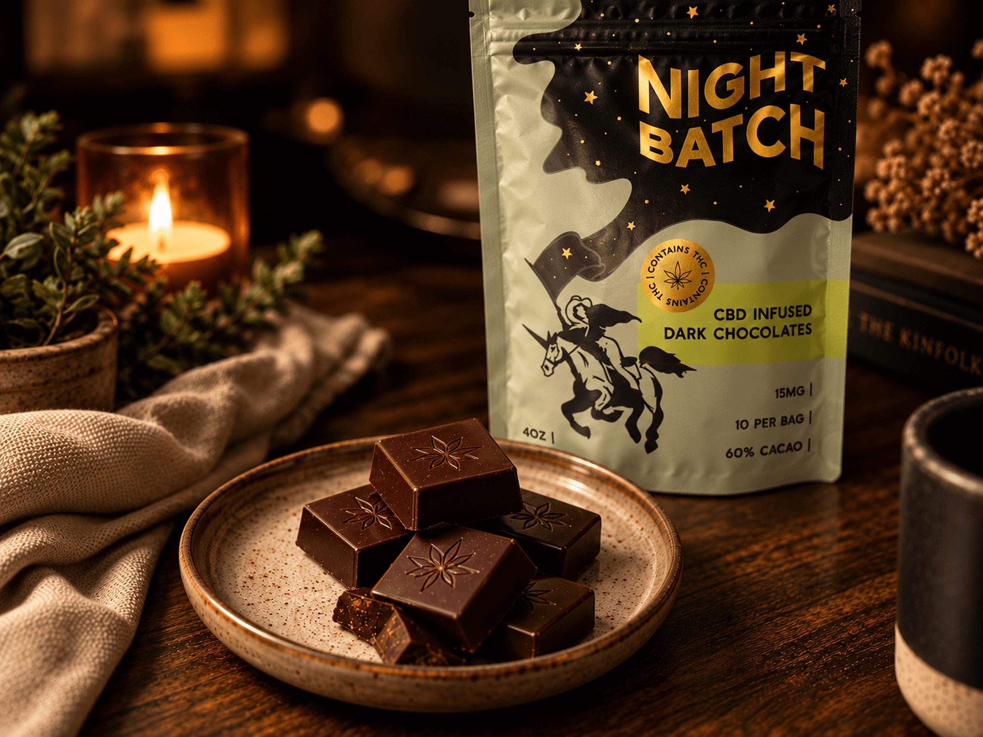 Nightbatch CBD-infused dark chocolate packaging featuring a metallic gold wordmark, starry night sky, and illustrated cowgirl riding a unicorn, displayed beside chocolates and candlelight.