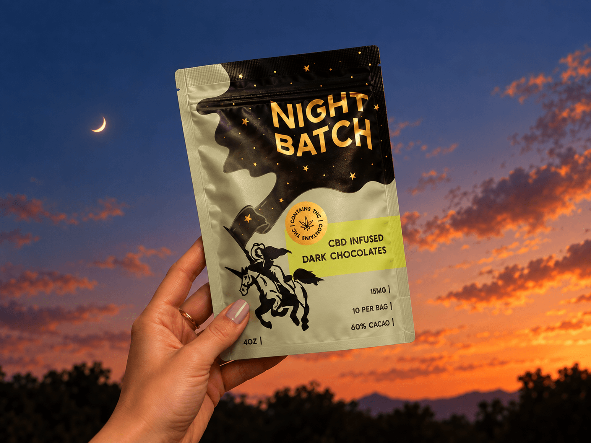 Nightbatch CBD chocolate pouch held against a colorful sunset, featuring metallic gold lettering, a starry sky, and a cowgirl riding a unicorn.