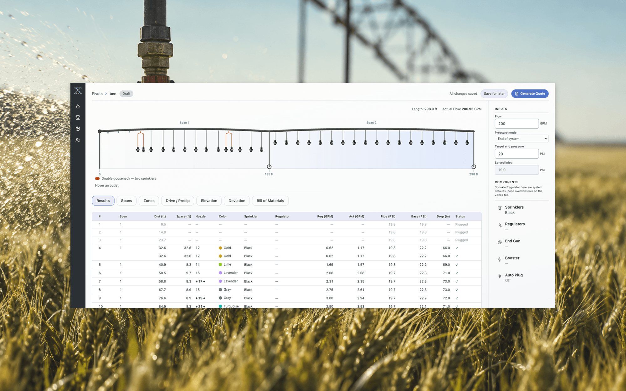 XCAD irrigation pivot design interface showing sprinkler placement, system performance data, and configuration results over an agricultural landscape.