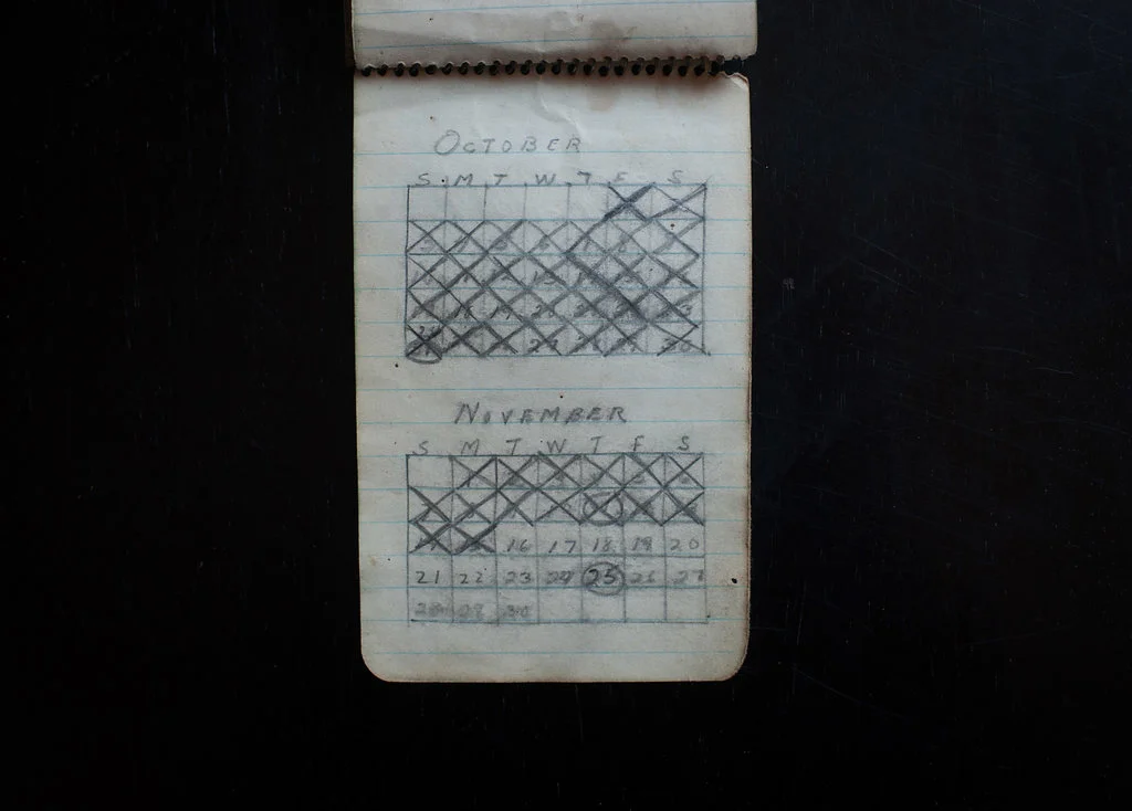 Anita’s grandfather, Charlotte’s father, Louis, fought in Tunisia for the U.S. during World War II, but was captured by Rommel and spent 27 months in a German prison camp. This calendar he kept in the camp runs from April to December 1943, then stops—Charlotte doesn’t know why. Louis circled the date of Thanksgiving. Charlotte was born exactly two years later on November 25. When she inherited the notebook, it gave her the chills to see her birthday circled.