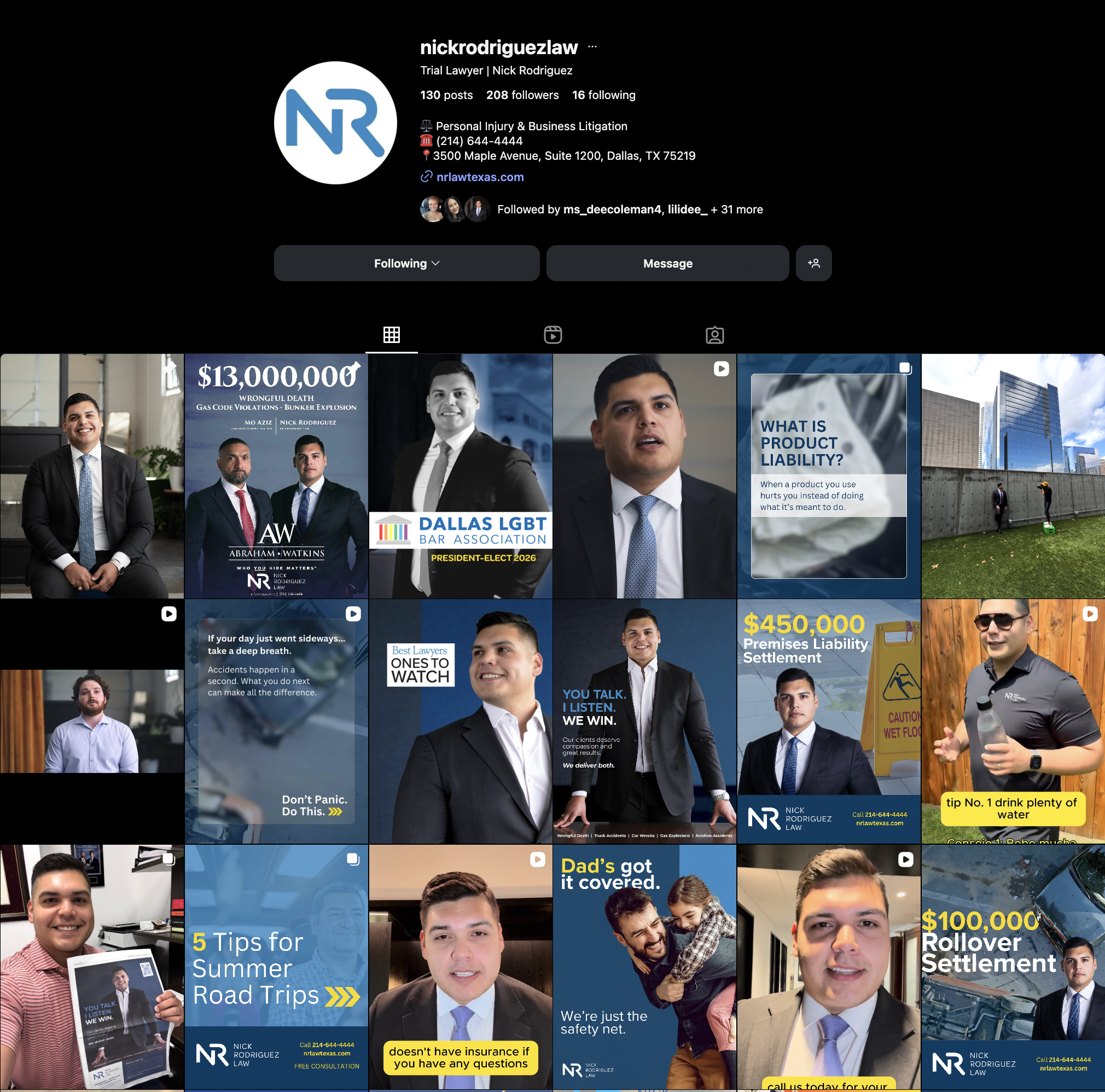 Screen grab of Nick Rodriguez Law instagram feed