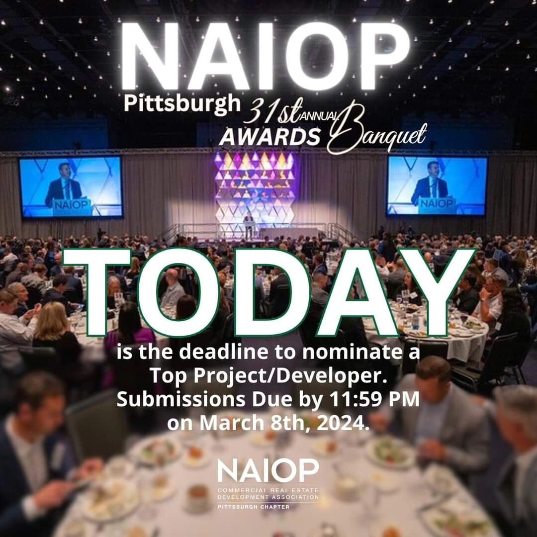 TODAY is the final day to submit your nominations for our 31st Annual Awards Banquet on May 9th. 

Are you in the Pittsburgh Commercial Real Estate industry? Nominate a Top Project/Developer for our 31st Annual Awards Banquet taking place on May 9th.