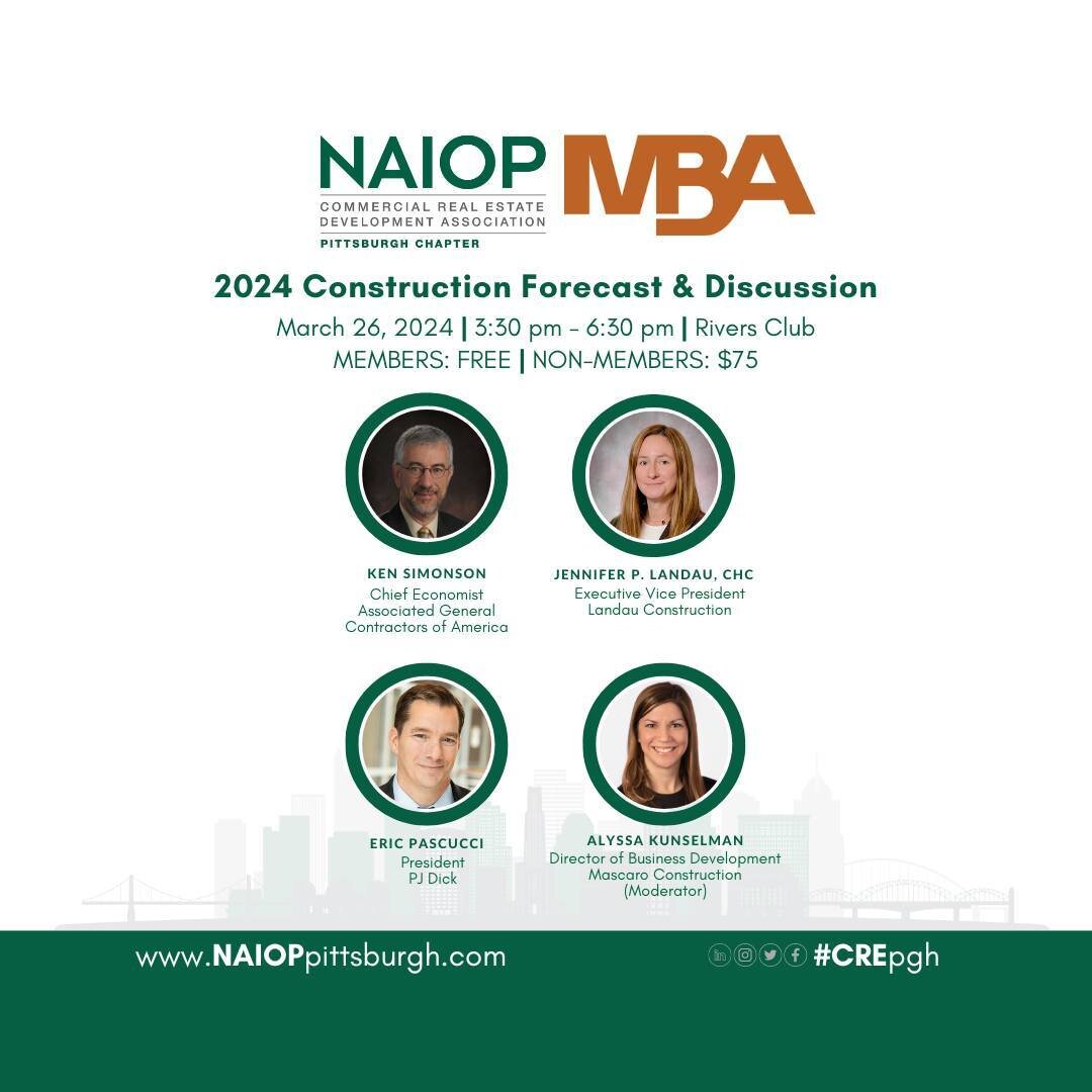 Limited registration remains for our March 26th Joint Chapter Meeting with MBA, which will feature a 2024 Construction Forecast and Discussion. The meeting will take place from 3:30 p.m. to 6:30 p.m. and conclude with a Happy Hour and networking.⁠
⁠
