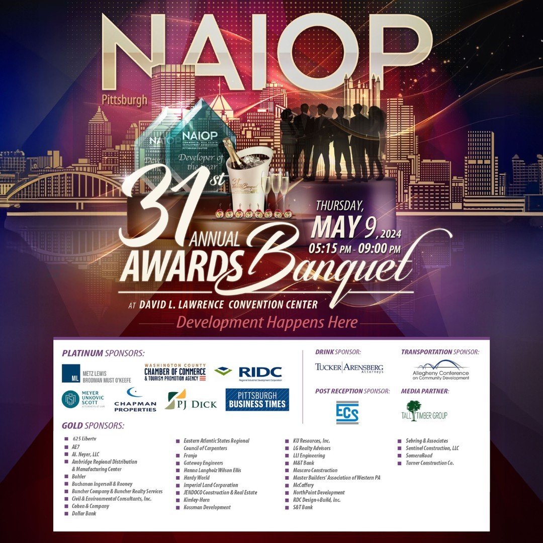 TICKET/TABLE SALES END May 1st!! 🏆⁠ Link in bio.⁠
https://bit.ly/2024NAIOPpittsburghAwards⁠
⁠
Join us for the 31st Annual NAIOP Pittsburgh Awards Banquet, on May 9th. ⁠
We will honor the strong contributions to the Pittsburgh commercial real estate 