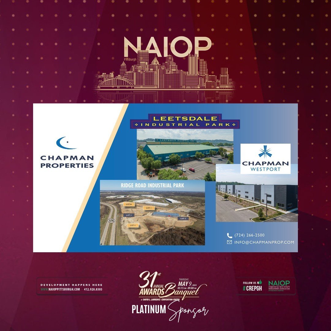 Thank you to our 2024 Awards Banquet Platinum sponsors. This evening would not be possible without your support!⁠
⁠
Chapman Properties⁠
www.chapmanprop.com⁠
⁠
#CREpgh⁠
#DevelopmentHappensHere #PittsburghPA #CRE #PittsburghCRE #Development #NAIOP #NAI