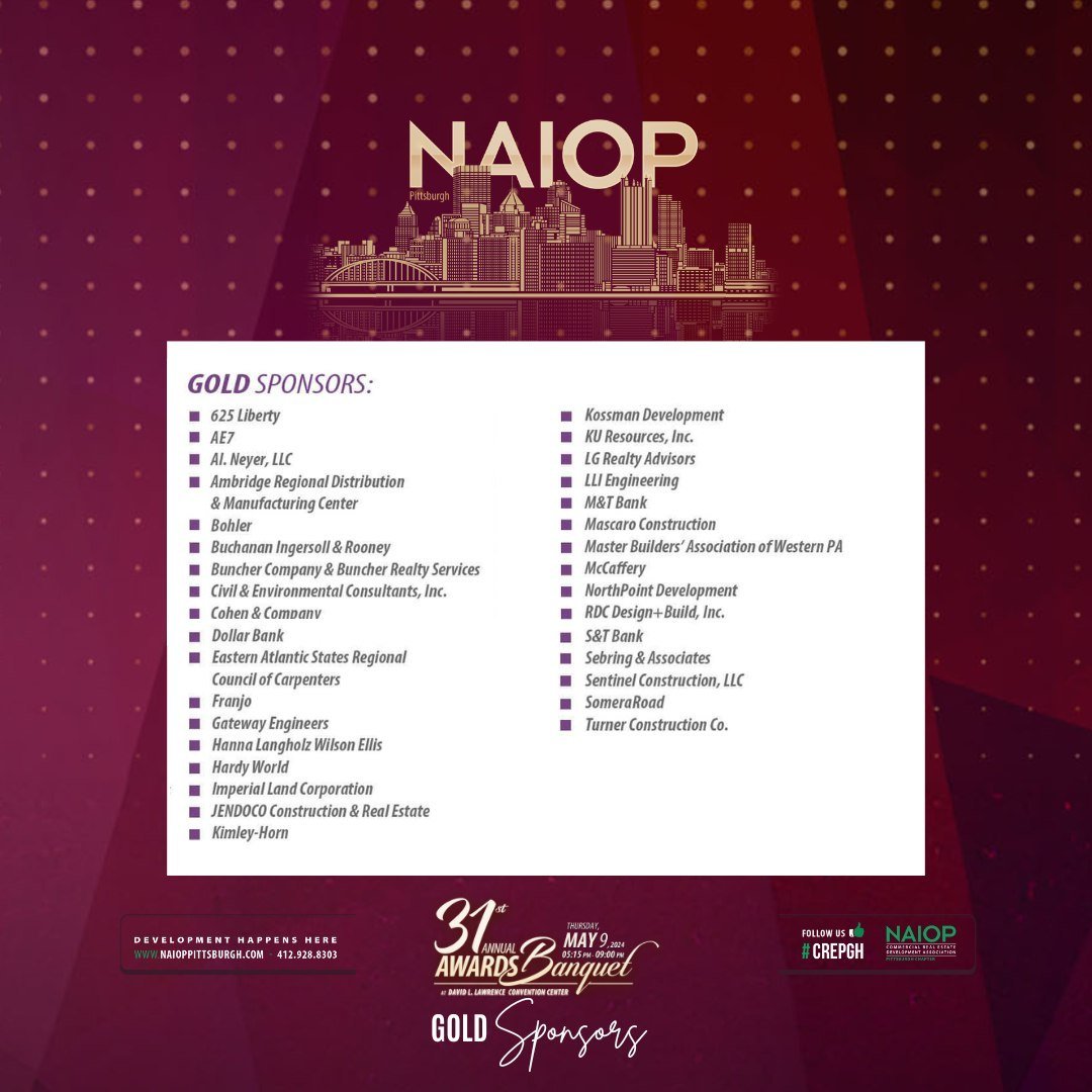 Thank you to our 2024 Awards Banquet Gold Sponsors 🌟. We appreciate your support of the 31st Annual celebration, recognizing many strong contributions to the #CREpgh market!⁠
⁠
#DevelopmentHappensHere #PittsburghPA #CRE #PittsburghCRE #Development #