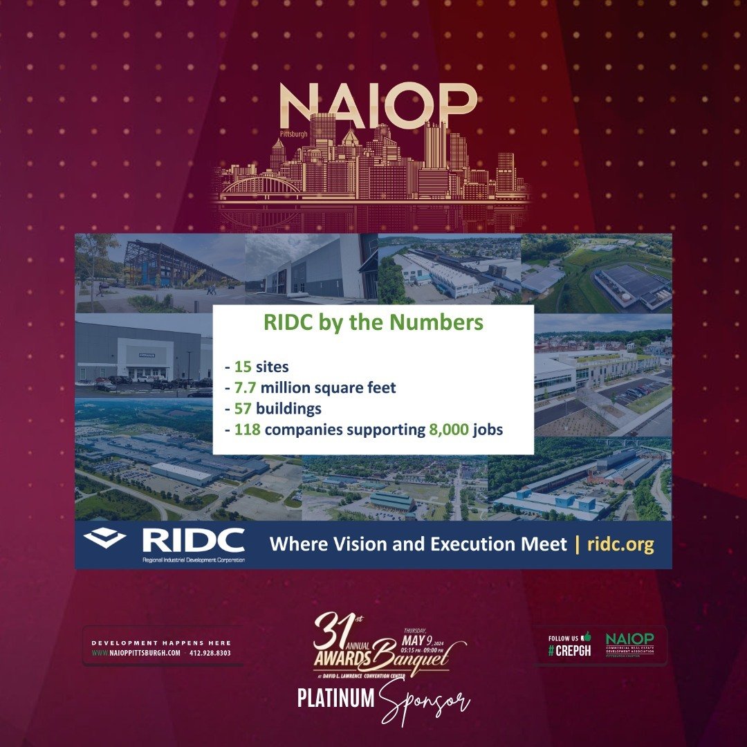 Thank you to our 2024 Awards Banquet Platinum sponsors. This evening would not be possible without your support!⁠
⁠
RIDC⁠
www.ridc.org⁠
@ridc_of_swpa⁠
⁠
#CREpgh⁠
#DevelopmentHappensHere #PittsburghPA #CRE #PittsburghCRE #Development #NAIOP #NAIOPpitt