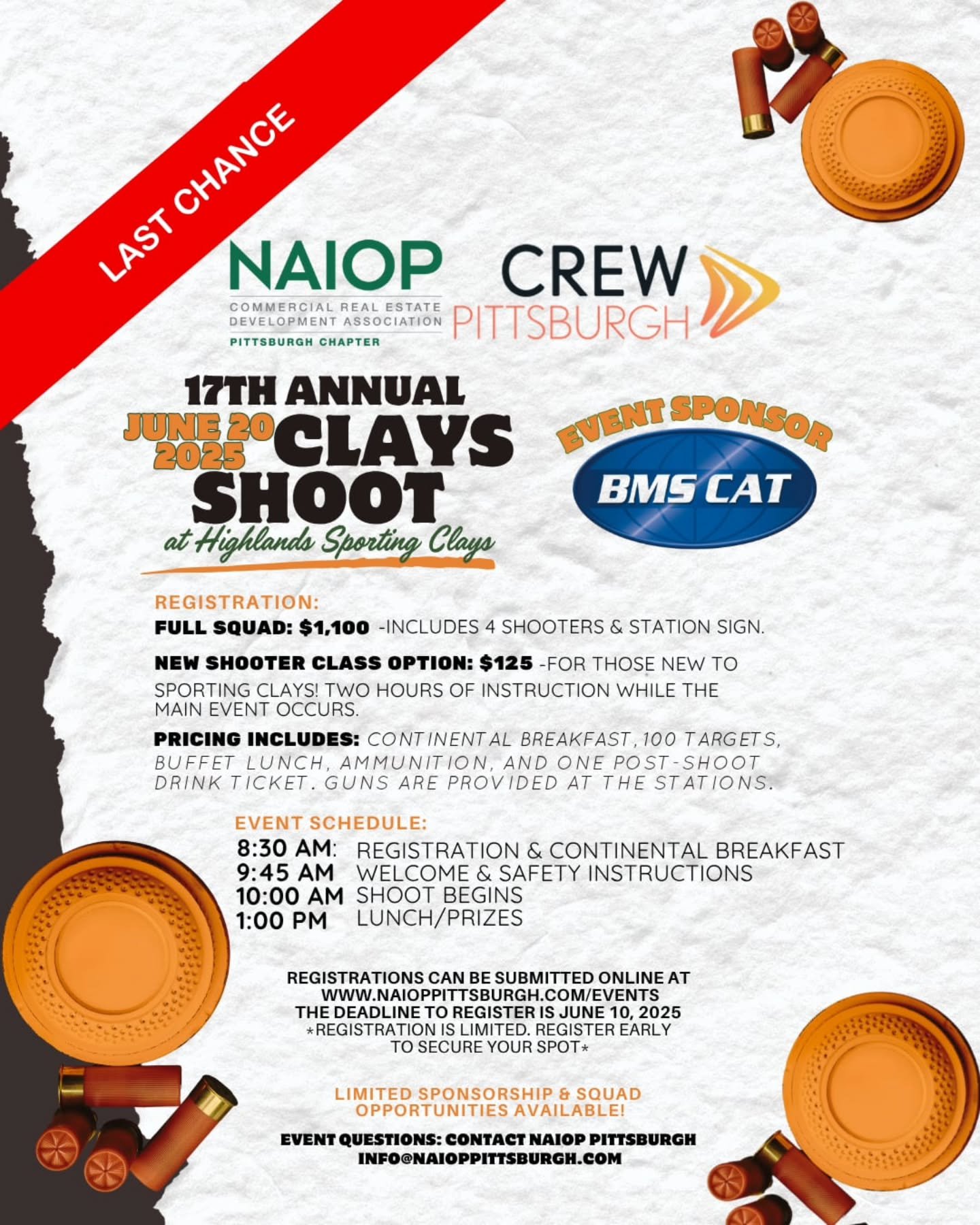 LAST CHANCE: Join the 17th Annual NAIOP Pittsburgh - CREW Pittsburgh Clays Shoot on June 20, 2025 at Highlands Sporting Clays. Limited availability remains and the deadline to register is June 10, 2025. 

*REGISTRATION IS LIMITED. 

https://lnkd.in/d