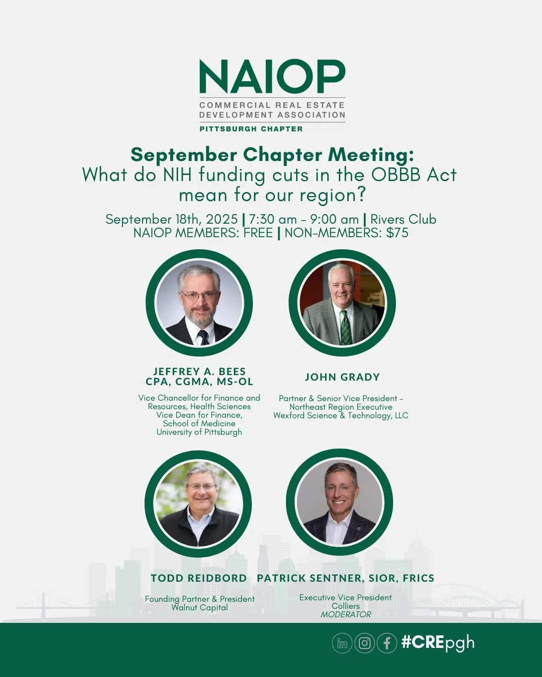 Our September Chapter Meeting is September 18th. What do NIH funding cuts in the OBBB Act mean for our region?⁠ Join us to hear insights from a panel of experts on what lies ahead&mdash;both short- and long-term. ⁠
🎟️ Grab your seat at the link in o