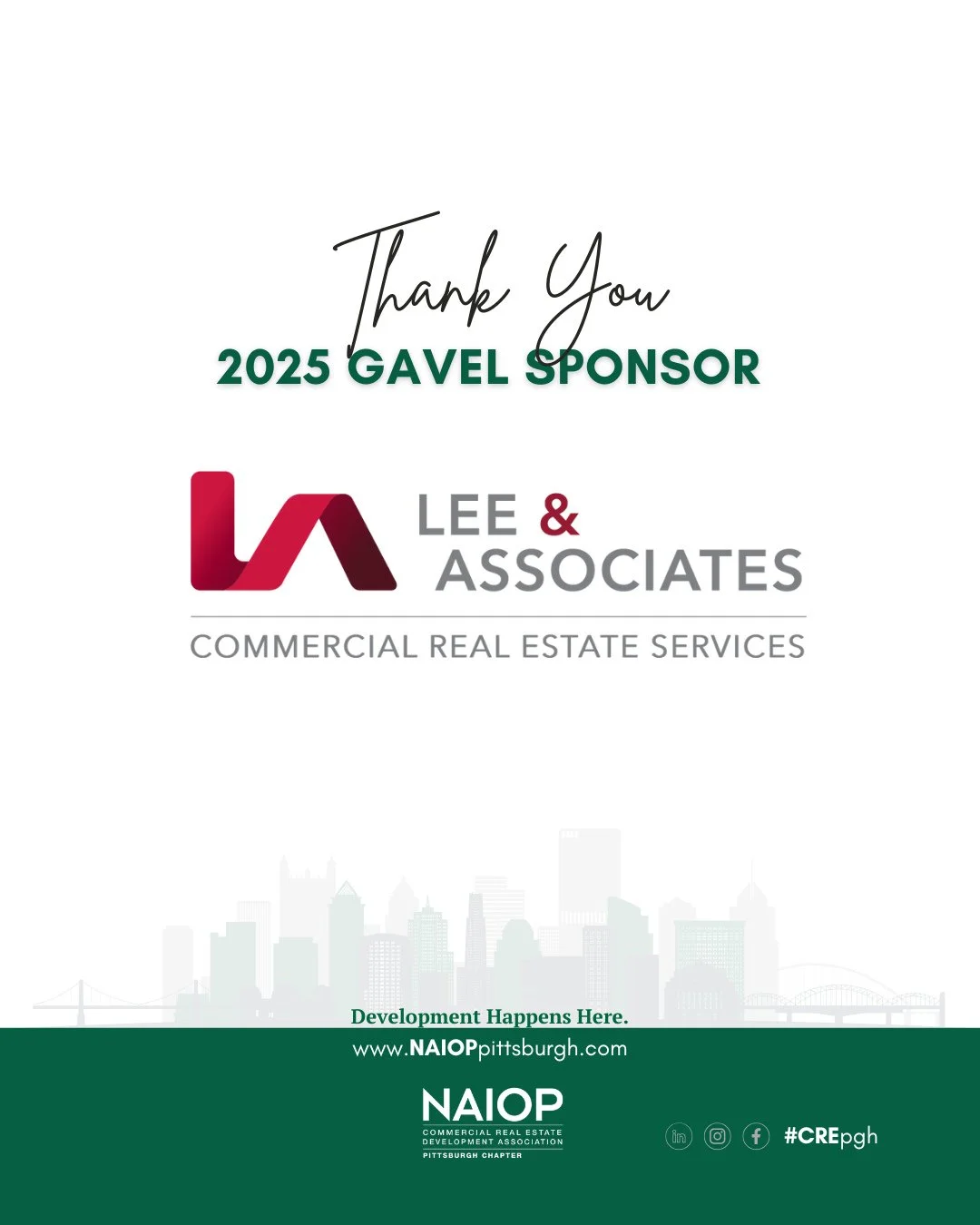 Thank you to Lee &amp; Associates for your support of NAIOP Pittsburgh. By choosing to invest as a 2025 NAIOP Pittsburgh Gavel Sponsor, you are investing in #CREpgh.⁠
⁠
Together, we can work to ensure Pittsburgh is a place where &quot;Development Hap