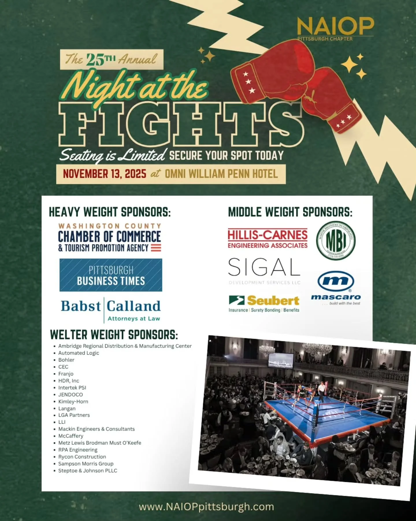 Ticket sales are OPEN &amp; GOING FAST for our 25th Annual Night At The Fights. Enjoy networking, cocktails, hors d'oeuvres, cigars, dinner, sanctioned boxing 🥊 , silent auction &amp; more. The 2025 Night At The Fights (NATF) will be held on Novembe