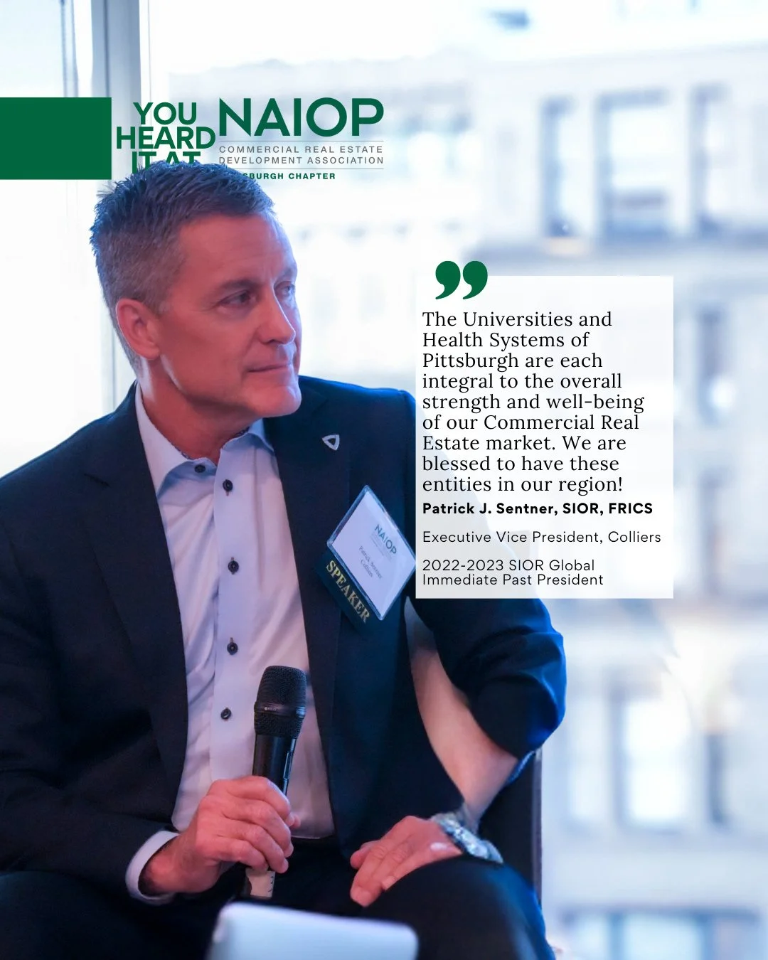 You Heard it at NAIOP Pittsburgh's September Chapter breakfast:⁠ Collier's Patrick Sentner, shared that &ldquo;The Universities and Health Systems of Pittsburgh are each integral to the overall strength and well-being of our Commercial Real Estate ma