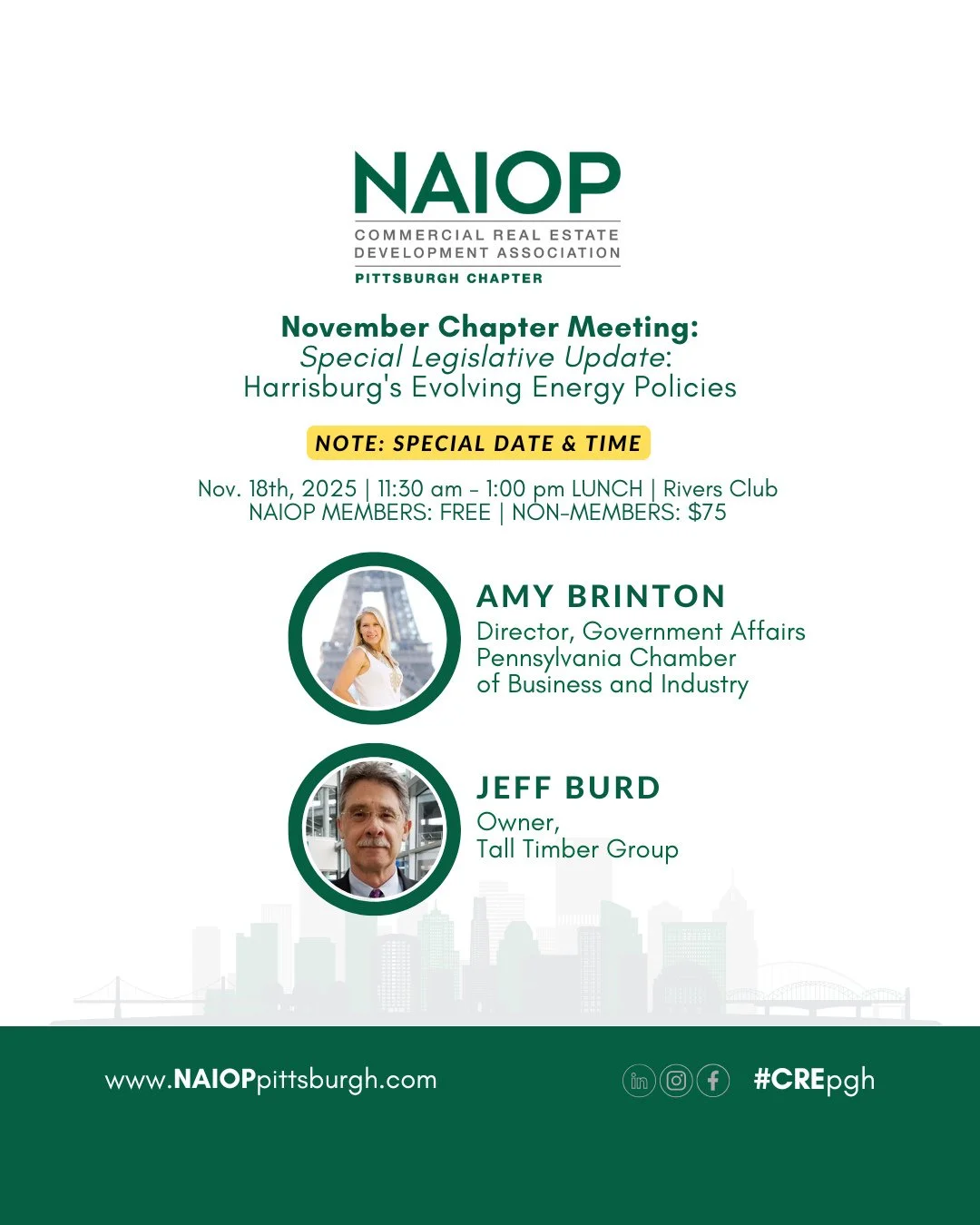 Our November Chapter Meeting is a NEW DATE & TIME - Chapter Lunch on November 18th from 11:30am - 1:00pm featuring a Special Legislative Update ‘Harrisburg's Evolving Energy Policies.’
Register via the link in our profile. 
Ener