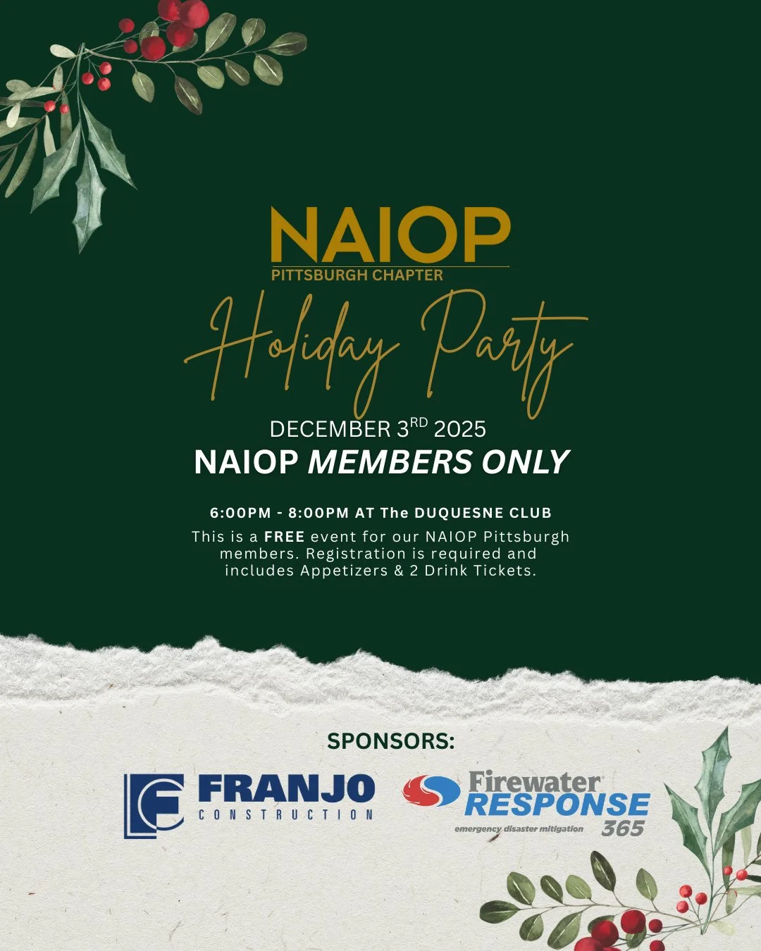 Before you check out for the holiday, be sure to reserve your FREE spot at our December 3rd NAIOP Holiday Party. This event is for 𝑵𝑨𝑰𝑶𝑷 𝑴𝑬𝑴𝑩𝑬𝑹𝑺 𝑶𝑵𝑳𝒀. If you are not yet a NAIOP Member, you can join today at https://www.naioppittsburg