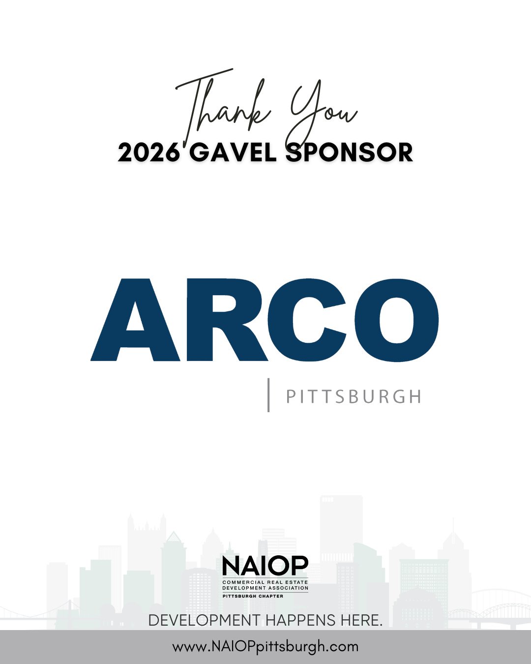 Thank you to ARCO Pittsburgh for your support of NAIOP Pittsburgh. By choosing to invest as a 2026 NAIOP Pittsburgh Gavel Sponsor, you are investing in #CREpgh.⁠
⁠
Together, we can work to ensure Pittsburgh is a place where "Development Happens 