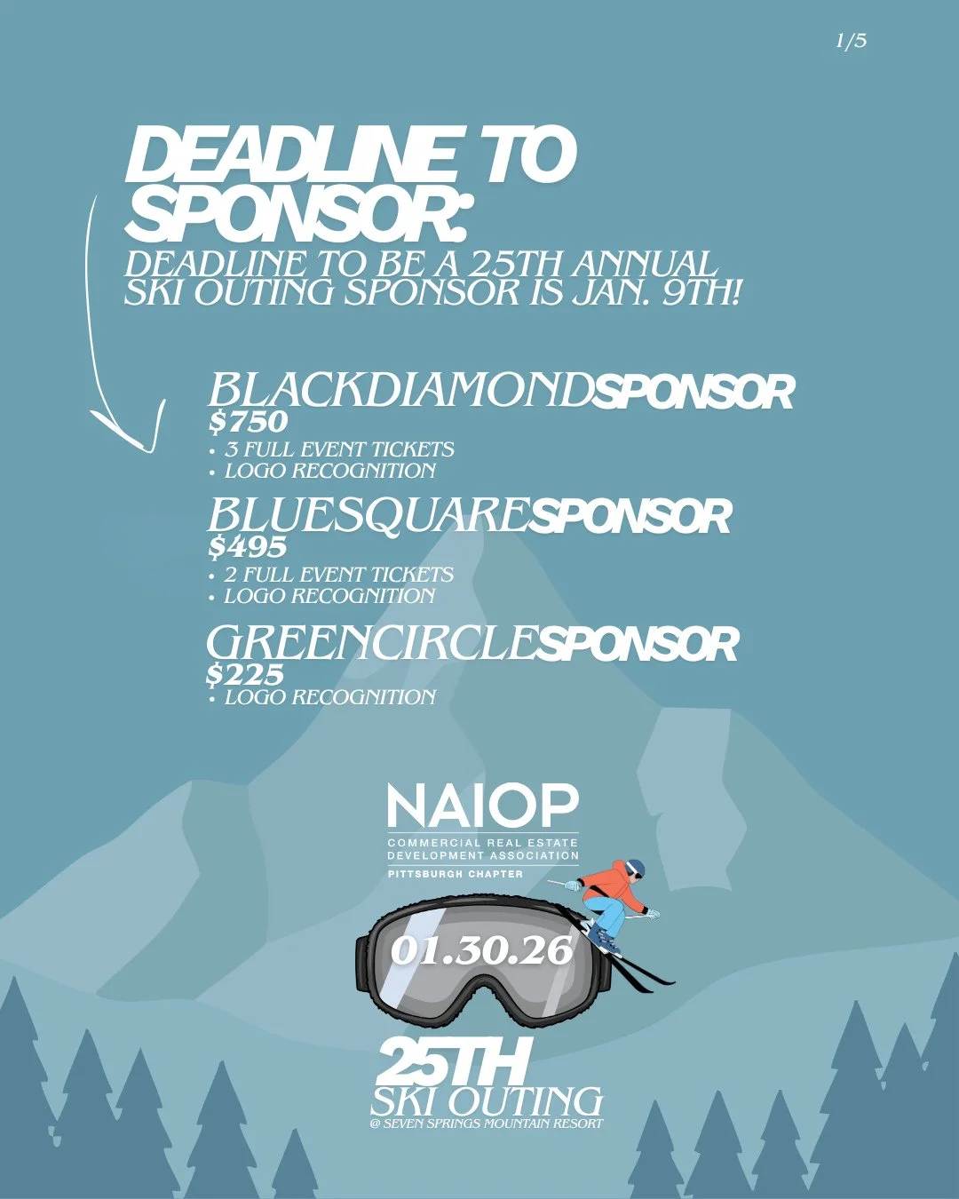 ‼️ TODAY, Jan. 9th, is the deadline to be a sponsor for our 25th Annual Ski Outing! Networking on the slopes and by the fire...and someone will walk away WINNING A NEW PAIR OF SKIS 🎿 ⁠
⁠
Will we see you on January 30, 2026 at Seven Springs Mountain 