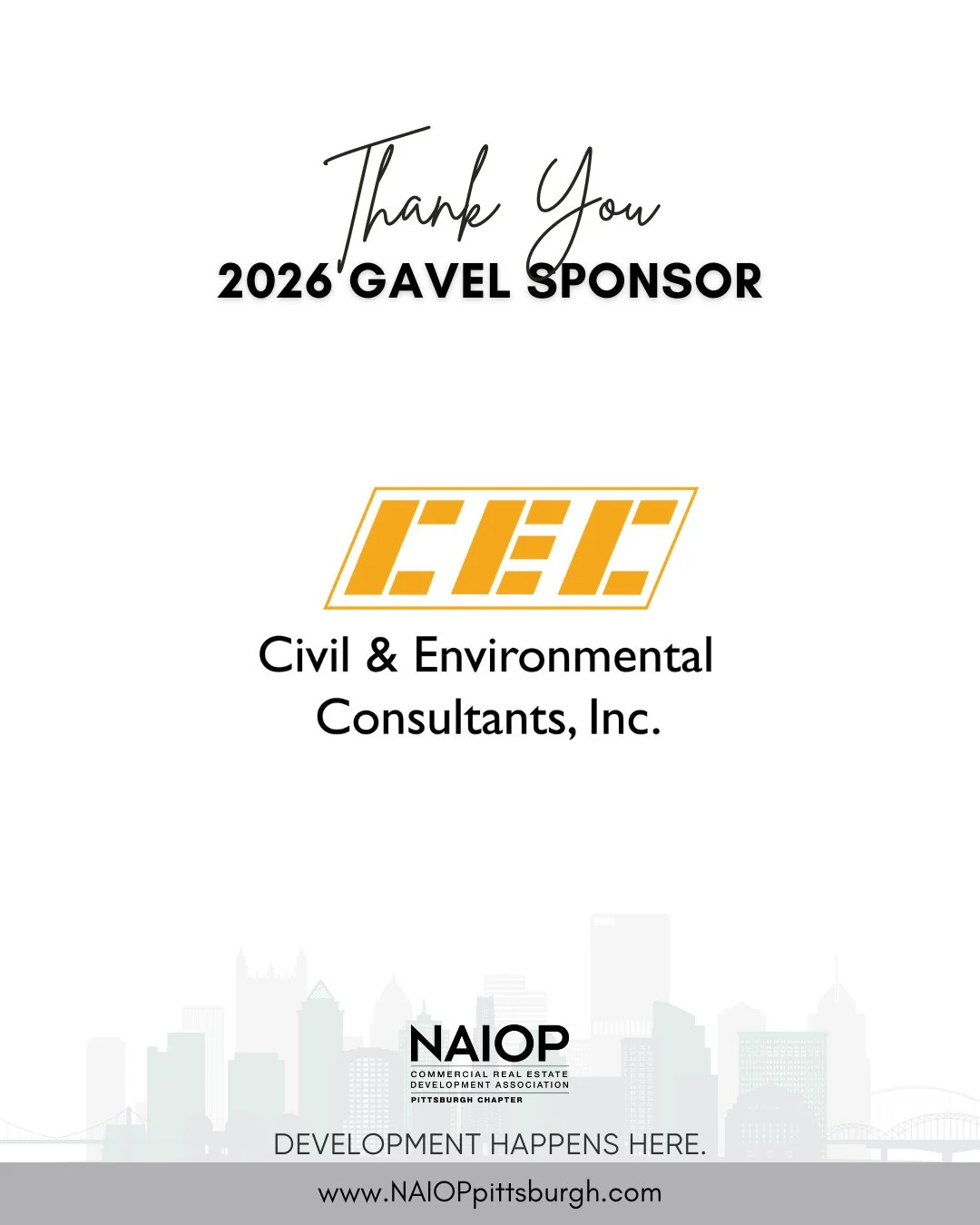 Thank you to Civil &amp; Environmental Consultants for your support of NAIOP Pittsburgh. By choosing to invest as a 2026 NAIOP Pittsburgh Gavel Sponsor, you are investing in #CREpgh.⁠
⁠
Together, we can work to ensure Pittsburgh is a place where &quo