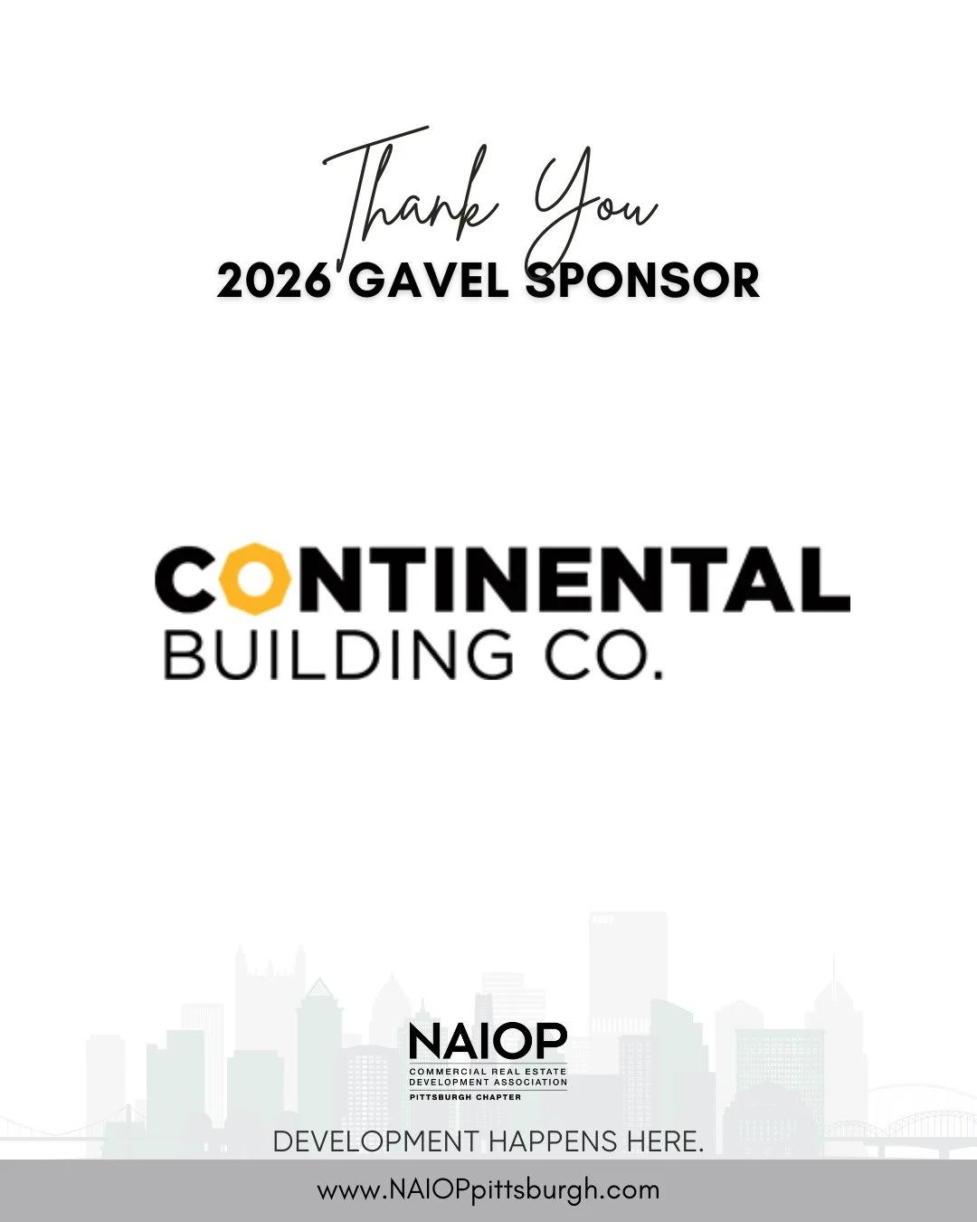 Thank you to Continental Building Co. for your support of NAIOP Pittsburgh. By choosing to invest as a 2026 NAIOP Pittsburgh Gavel Sponsor, you are investing in #CREpgh.⁠
⁠
Together, we can work to ensure Pittsburgh is a place where "Development