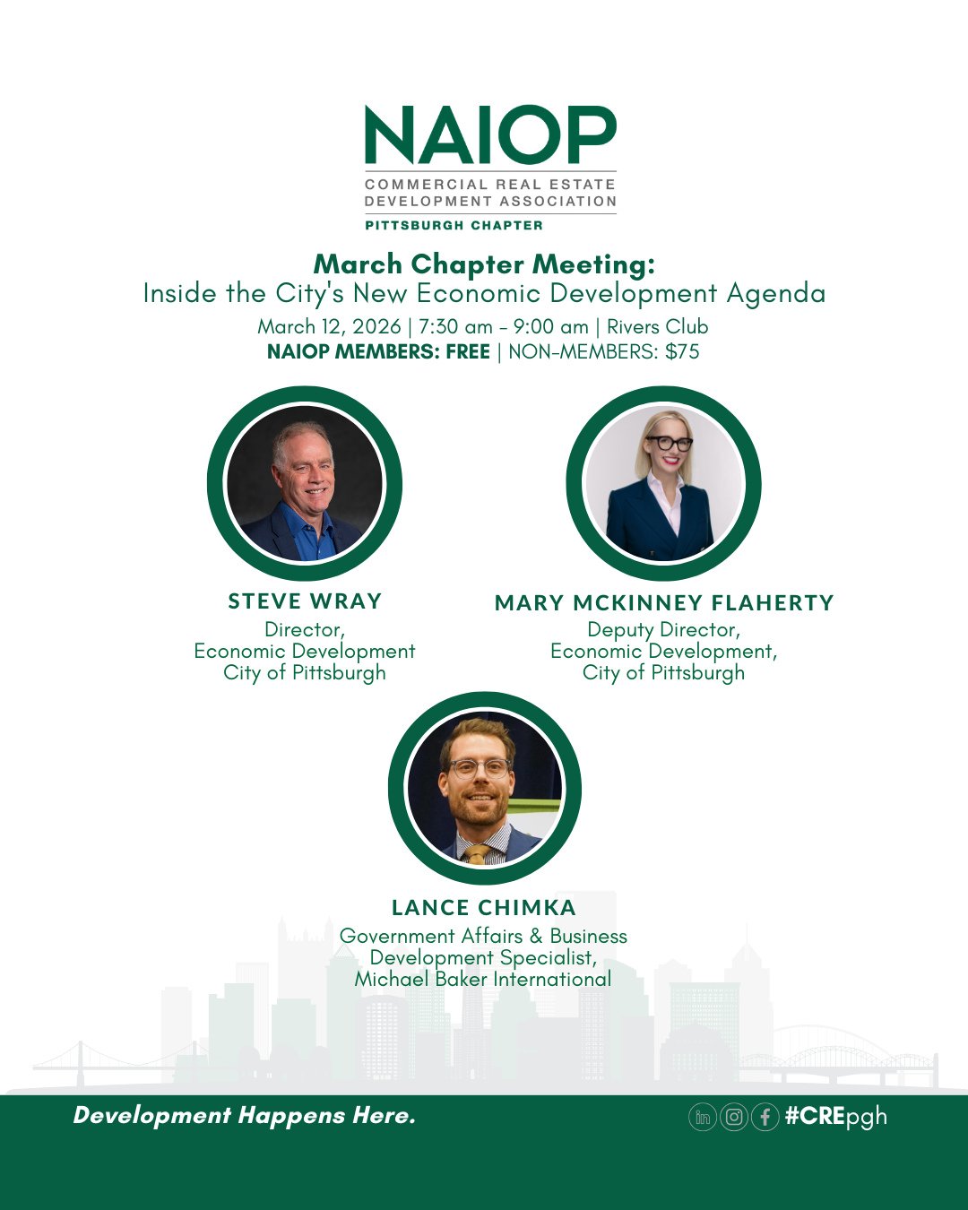 Our March 12th Chapter Breakfast will feature an Inside look at the City's New Economic Development Agenda, featuring 🎤 Steve Wray, Director of Economic Development, and 🎤 Mary McKinney Flaherty, Deputy Director of Economic Development for the City