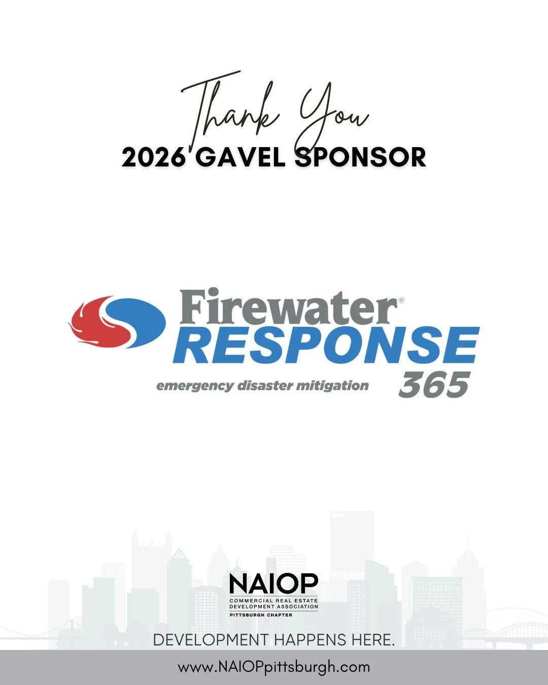 Thank you to Firewater Response for your support of NAIOP Pittsburgh. By choosing to invest as a 2026 NAIOP Pittsburgh Gavel Sponsor, you are investing in #CREpgh.⁠
⁠
Together, we can work to ensure Pittsburgh is a place where "Development Happe