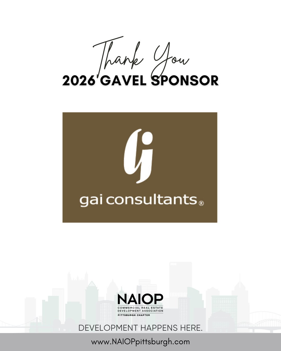 Thank you to GAI Consultants for your support of NAIOP Pittsburgh. By choosing to invest as a 2026 NAIOP Pittsburgh Gavel Sponsor, you are investing in #CREpgh.⁠
⁠
Together, we can work to ensure Pittsburgh is a place where "Development Happens 